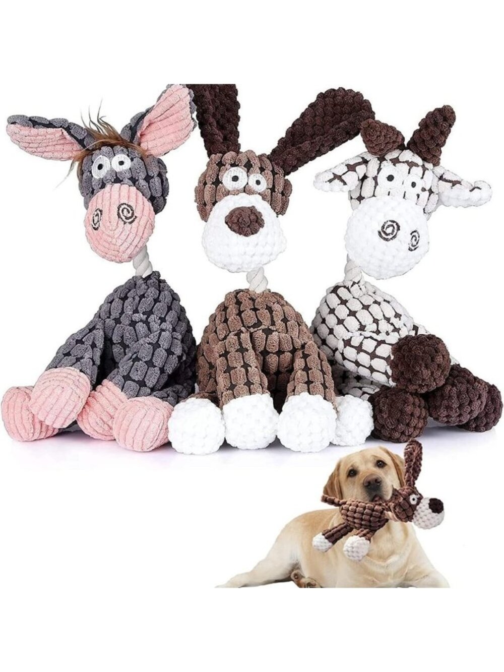 Susenc 3 Pack Plush Squeaky Dog Toy set made from soft corduroy fabric